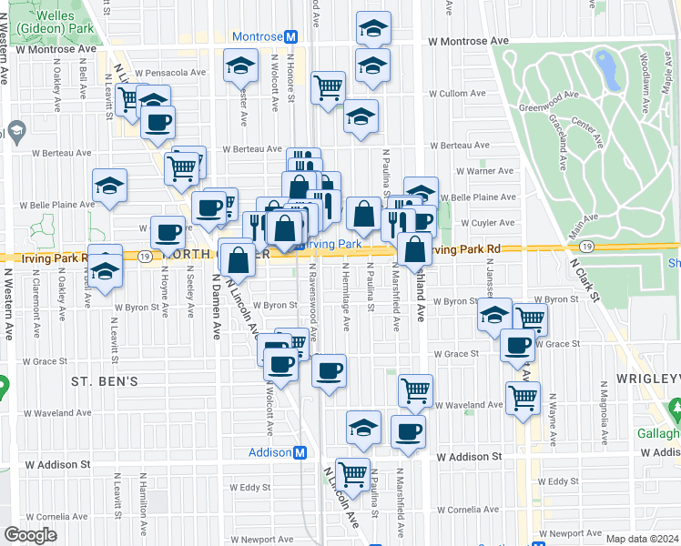 map of restaurants, bars, coffee shops, grocery stores, and more near 3934 North Hermitage Avenue in Chicago