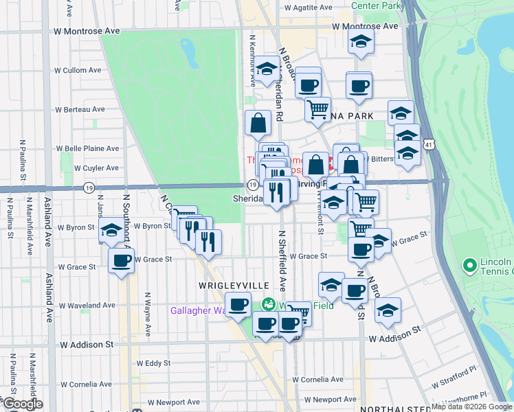 map of restaurants, bars, coffee shops, grocery stores, and more near 1022 West Dakin Street in Chicago