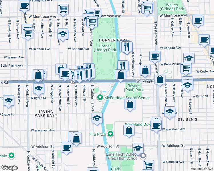 map of restaurants, bars, coffee shops, grocery stores, and more near 2701 West Dakin Street in Chicago
