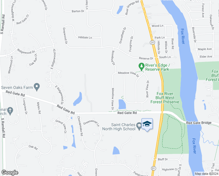 map of restaurants, bars, coffee shops, grocery stores, and more near 4115 Meadow View Drive in St. Charles