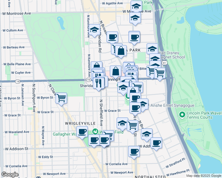 map of restaurants, bars, coffee shops, grocery stores, and more near 917 West Dakin Street in Chicago