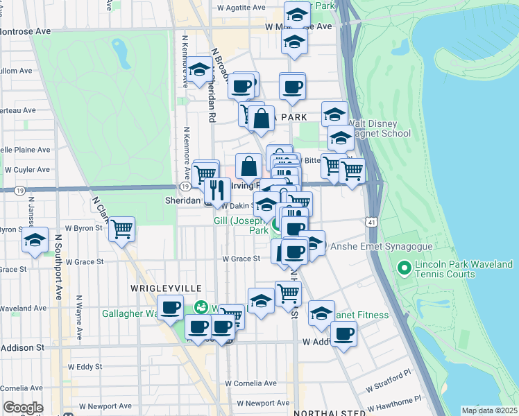 map of restaurants, bars, coffee shops, grocery stores, and more near 819 West Dakin Street in Chicago