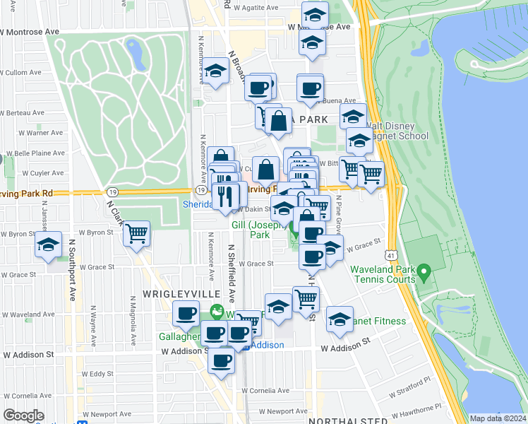 map of restaurants, bars, coffee shops, grocery stores, and more near 903 West Dakin Street in Chicago