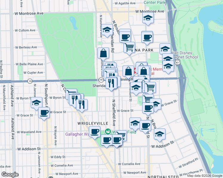 map of restaurants, bars, coffee shops, grocery stores, and more near 1022 West Dakin Street in Chicago