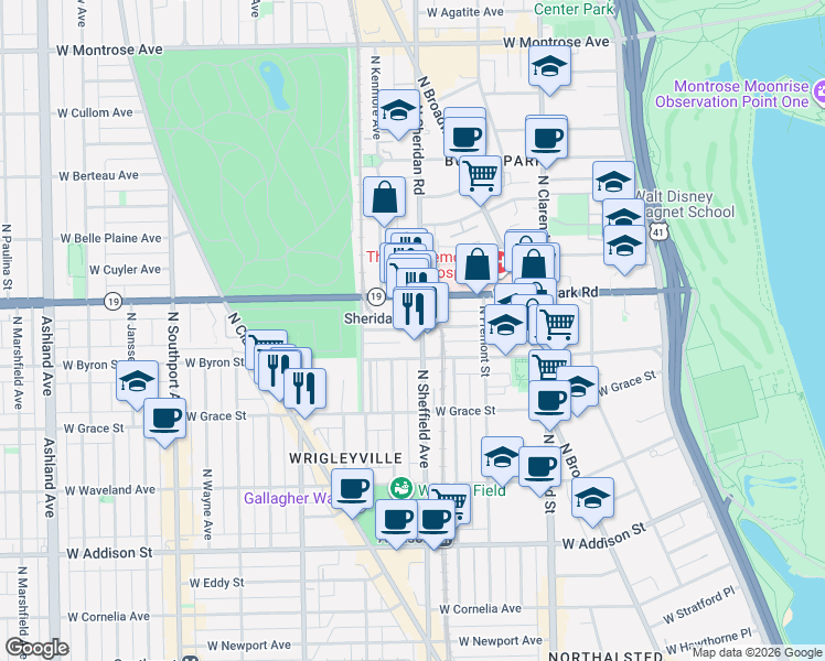 map of restaurants, bars, coffee shops, grocery stores, and more near 1022 West Dakin Street in Chicago