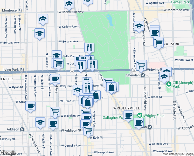 map of restaurants, bars, coffee shops, grocery stores, and more near 3933E North Wayne Avenue in Chicago