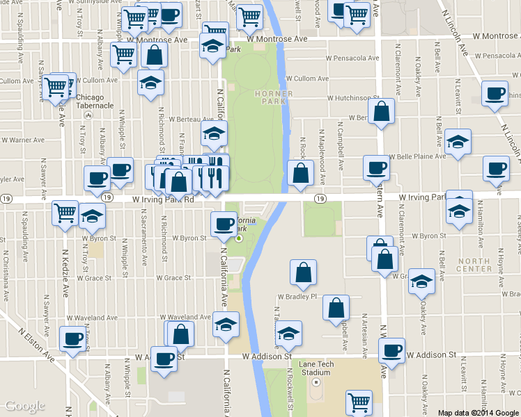 map of restaurants, bars, coffee shops, grocery stores, and more near 2701 West Dakin Street in Chicago