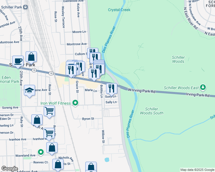 map of restaurants, bars, coffee shops, grocery stores, and more near 9227 Irving Park Road in Schiller Park