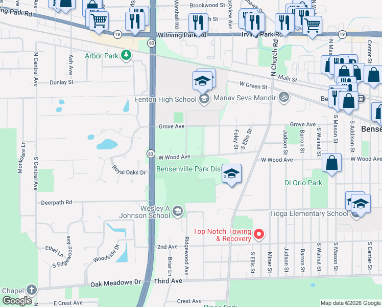 map of restaurants, bars, coffee shops, grocery stores, and more near 188 South Franzen Street in Bensenville