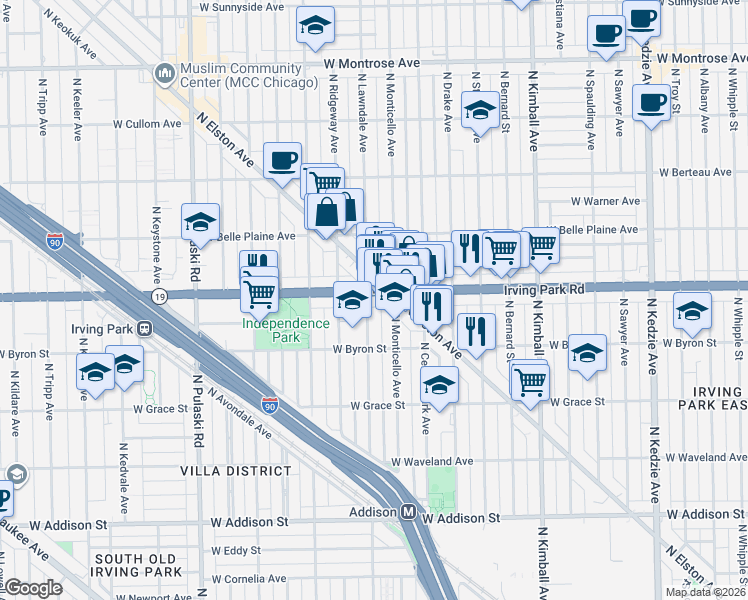 map of restaurants, bars, coffee shops, grocery stores, and more near 3659 West Irving Park Road in Chicago