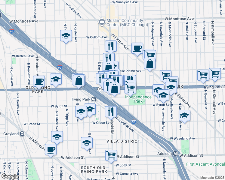 map of restaurants, bars, coffee shops, grocery stores, and more near 3965 Illinois 19 in Chicago