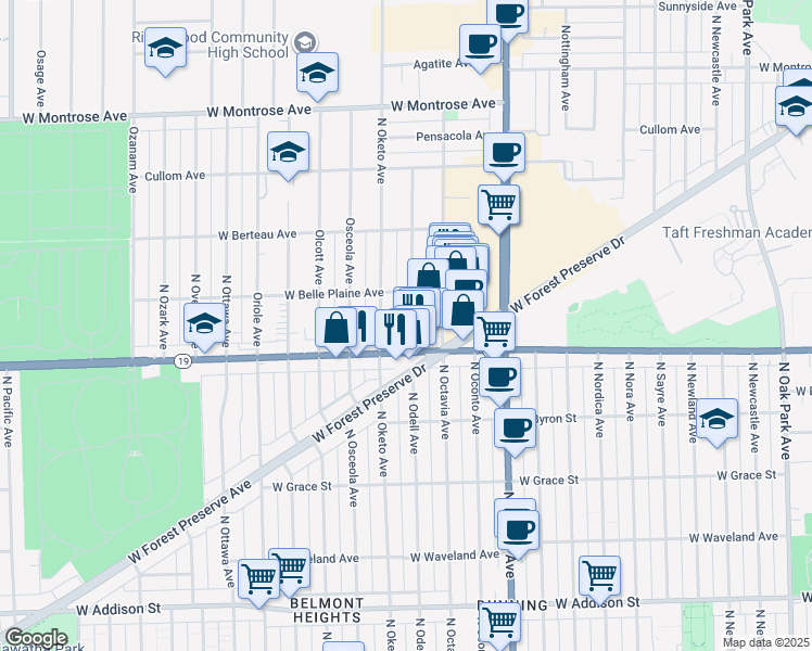 map of restaurants, bars, coffee shops, grocery stores, and more near 4014 N Odell Ave in Norridge