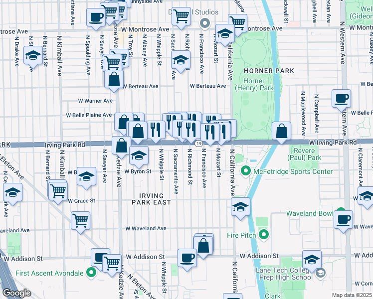 map of restaurants, bars, coffee shops, grocery stores, and more near 3944 North Richmond Street in Chicago