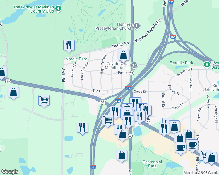 map of restaurants, bars, coffee shops, grocery stores, and more near 5N248 Andrene Lane in Itasca