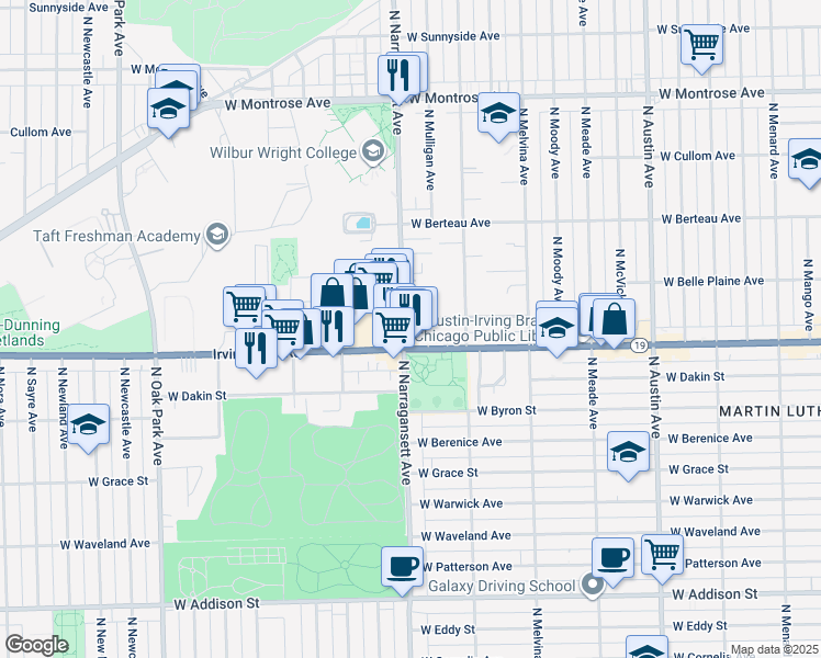 map of restaurants, bars, coffee shops, grocery stores, and more near 4019 North Narragansett Avenue in Chicago