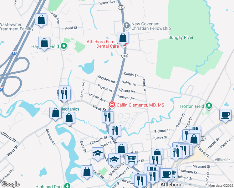 map of restaurants, bars, coffee shops, grocery stores, and more near 6 Tanager Road in Attleboro