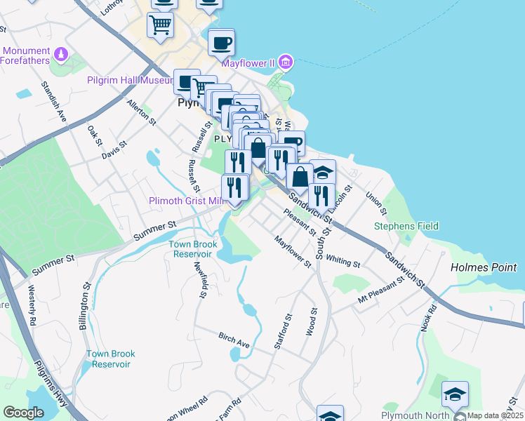 map of restaurants, bars, coffee shops, grocery stores, and more near 1 Sagamore Street in Plymouth