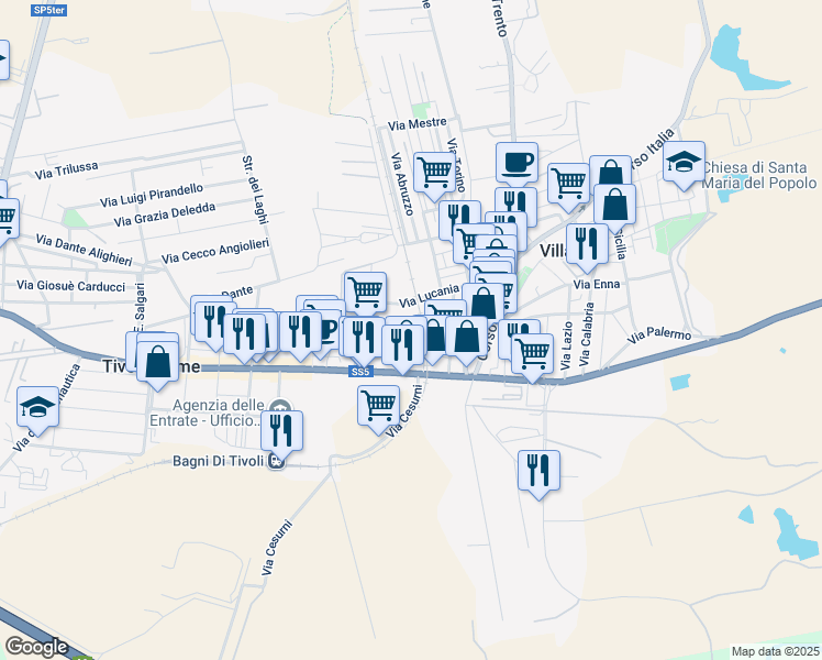 map of restaurants, bars, coffee shops, grocery stores, and more near 34 Via Don Giovanni Minzoni in Tivoli Terme