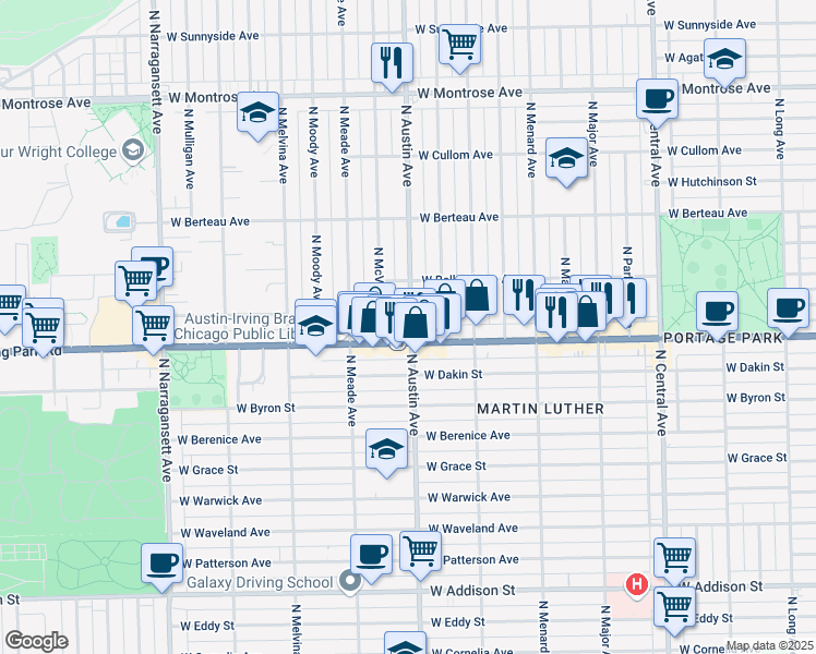 map of restaurants, bars, coffee shops, grocery stores, and more near 4012 North Austin Avenue in Chicago