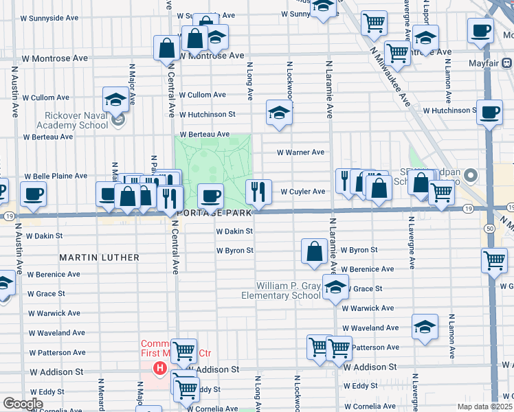 map of restaurants, bars, coffee shops, grocery stores, and more near 5358 Irving Park Road in Chicago