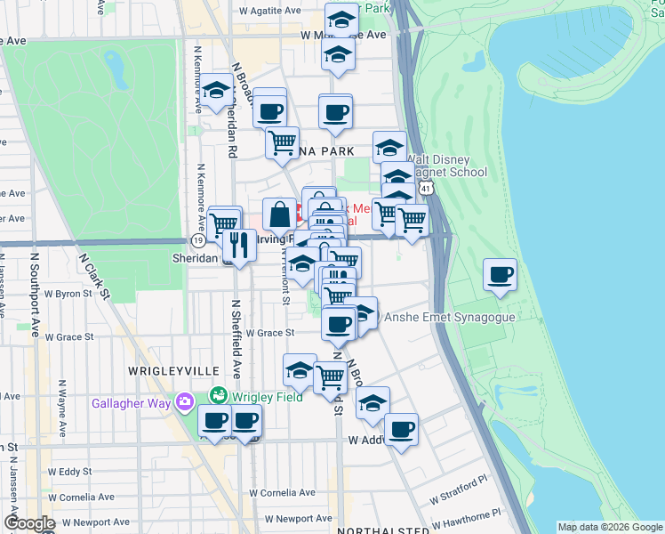 map of restaurants, bars, coffee shops, grocery stores, and more near North Broadway & North Clarendon Avenue in Chicago