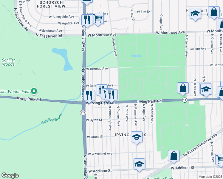 map of restaurants, bars, coffee shops, grocery stores, and more near 4045 North Pittsburgh Avenue in Chicago