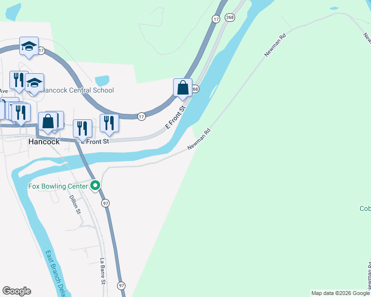 map of restaurants, bars, coffee shops, grocery stores, and more near 493 Peas Eddy Road in Hancock
