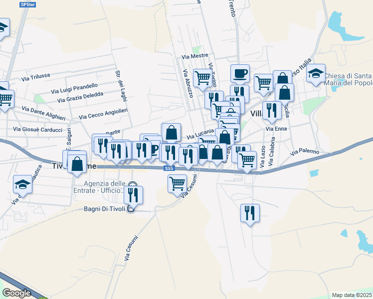 map of restaurants, bars, coffee shops, grocery stores, and more near 34 Via Don Giovanni Minzoni in Tivoli Terme