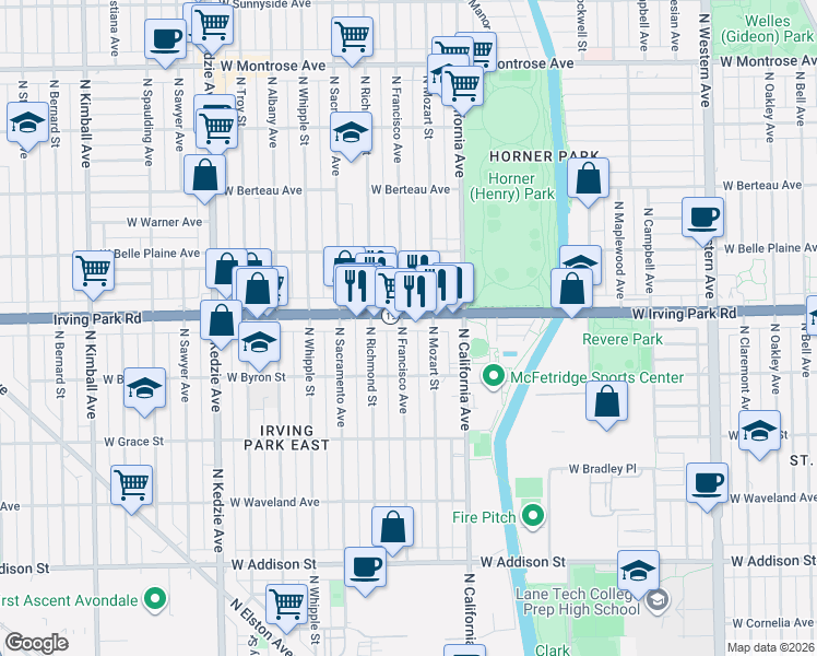 map of restaurants, bars, coffee shops, grocery stores, and more near 2859 West Irving Park Road in Chicago