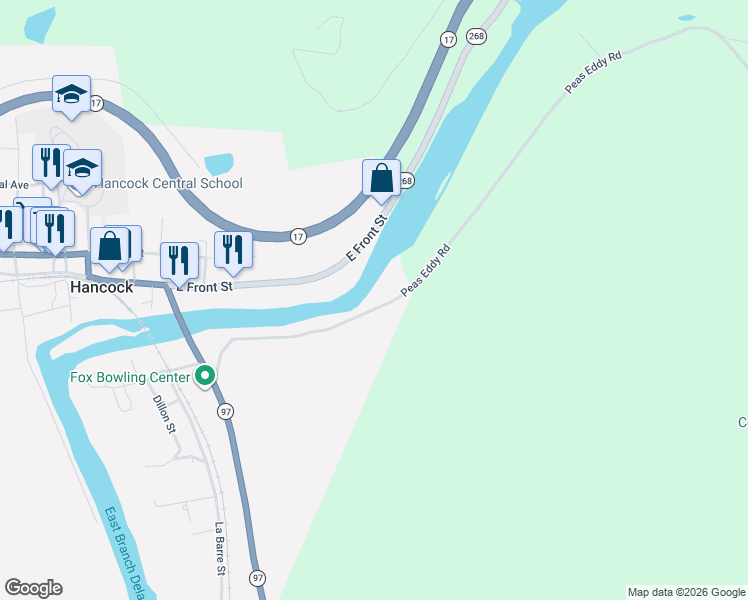 map of restaurants, bars, coffee shops, grocery stores, and more near 455 Peas Eddy Road in Hancock