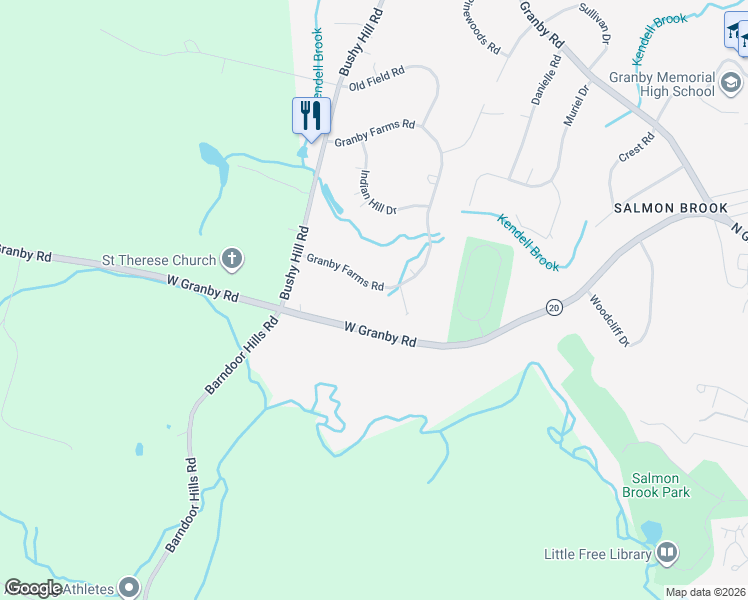 map of restaurants, bars, coffee shops, grocery stores, and more near 38 Granby Farms Road in Granby