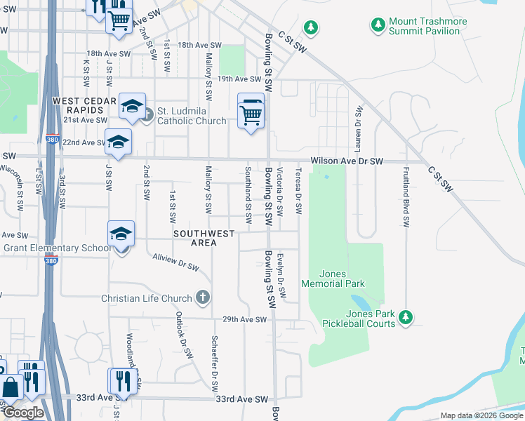 map of restaurants, bars, coffee shops, grocery stores, and more near 4 25th Avenue Southwest in Cedar Rapids