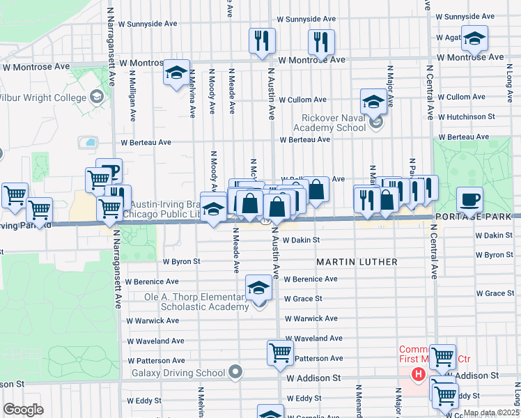 map of restaurants, bars, coffee shops, grocery stores, and more near 4017 North McVicker Avenue in Chicago