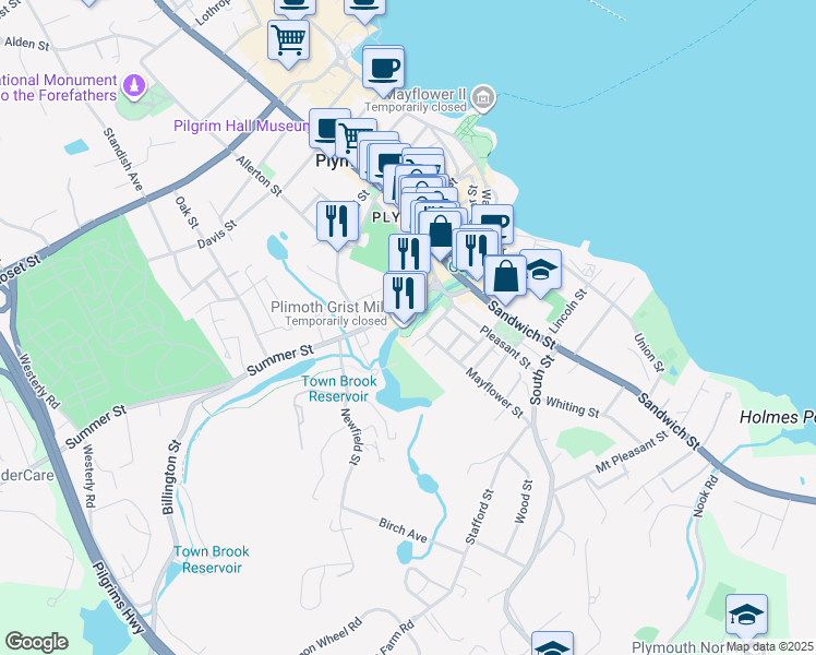 map of restaurants, bars, coffee shops, grocery stores, and more near 6 Spring Lane in Plymouth