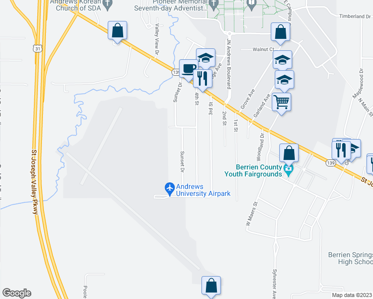 map of restaurants, bars, coffee shops, grocery stores, and more near 9133 Sunset Drive in Berrien Springs