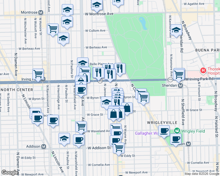 map of restaurants, bars, coffee shops, grocery stores, and more near 3933 North Janssen Avenue in Chicago