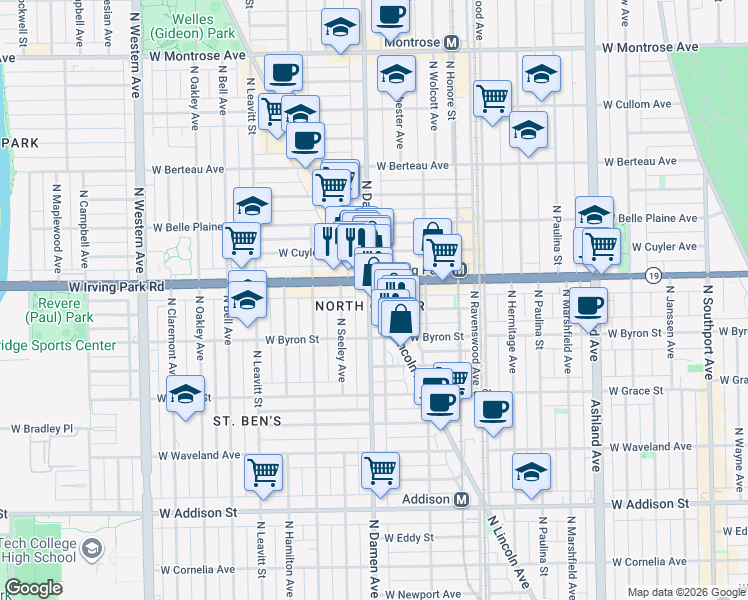 map of restaurants, bars, coffee shops, grocery stores, and more near 3950 North Lincoln Avenue in Chicago