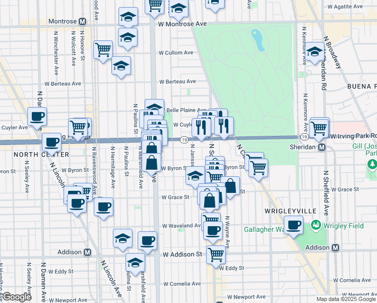 map of restaurants, bars, coffee shops, grocery stores, and more near 3934 North Janssen Avenue in Chicago