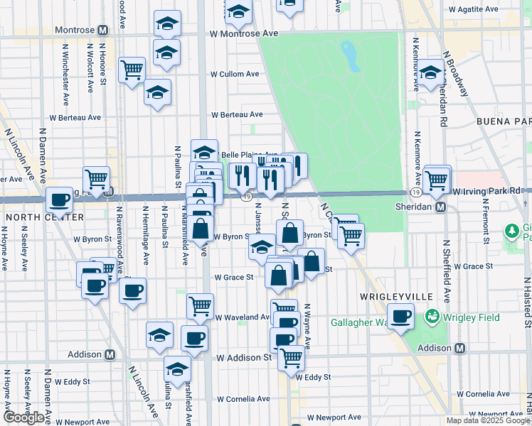 map of restaurants, bars, coffee shops, grocery stores, and more near 3935 North Janssen Avenue in Chicago