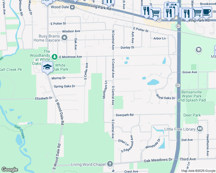 map of restaurants, bars, coffee shops, grocery stores, and more near 190 Montclare Lane in Wood Dale