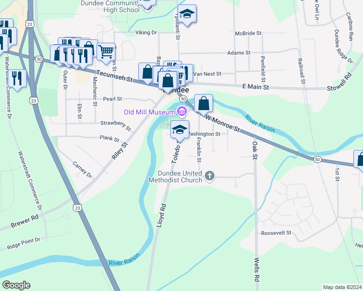 map of restaurants, bars, coffee shops, grocery stores, and more near 445 Toledo Street in Dundee