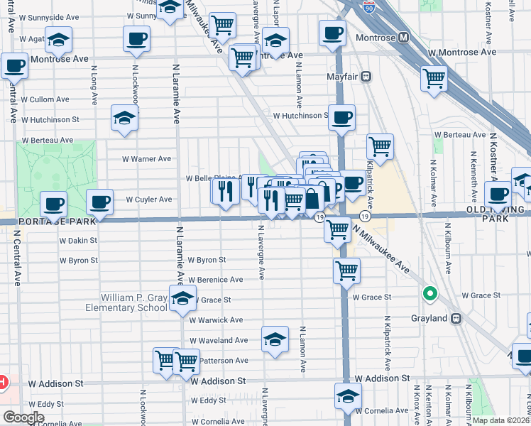map of restaurants, bars, coffee shops, grocery stores, and more near 4949 West Irving Park Road in Chicago