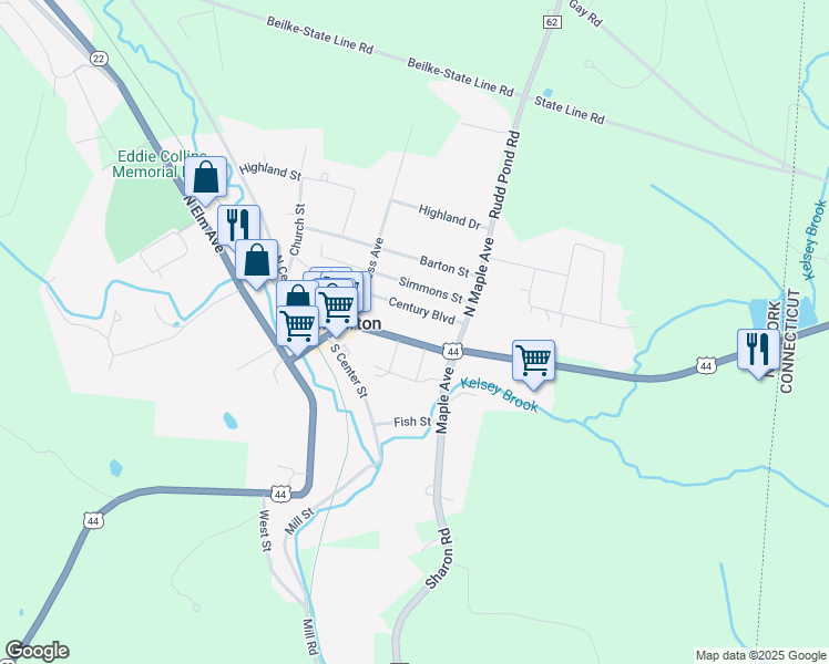 map of restaurants, bars, coffee shops, grocery stores, and more near 73 Main Street in Millerton