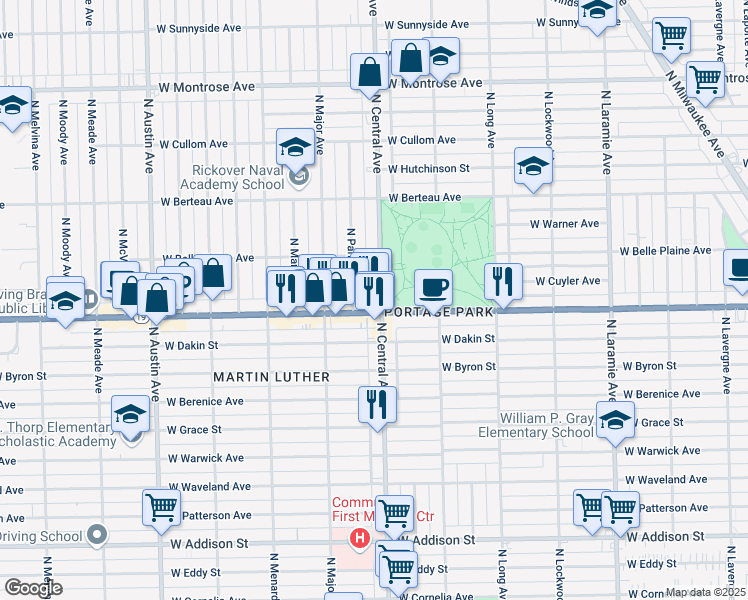 map of restaurants, bars, coffee shops, grocery stores, and more near 5606 West Irving Park Road in Chicago
