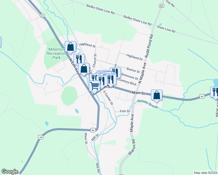 map of restaurants, bars, coffee shops, grocery stores, and more near in Millerton