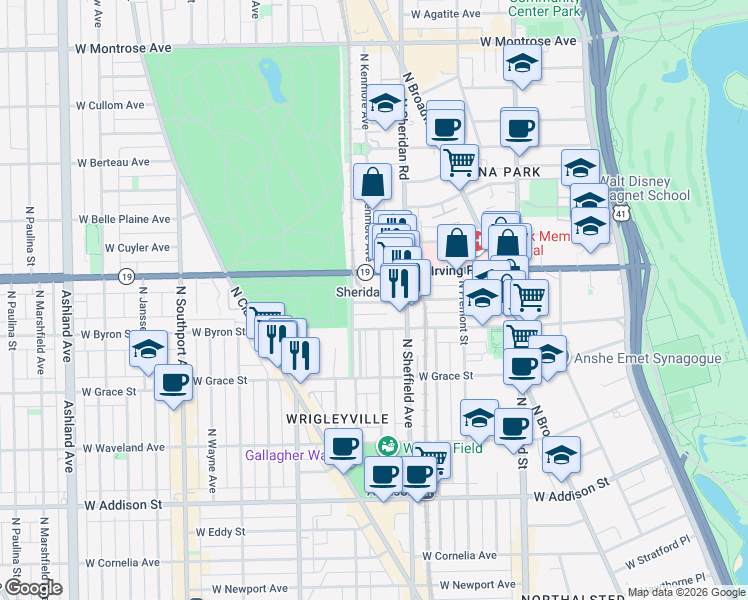 map of restaurants, bars, coffee shops, grocery stores, and more near 1022 West Dakin Street in Chicago