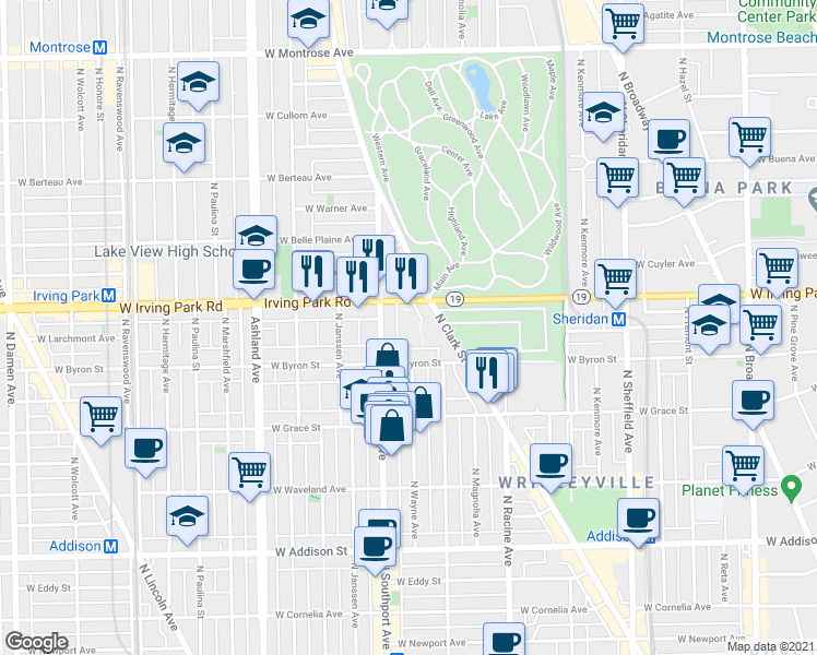 map of restaurants, bars, coffee shops, grocery stores, and more near 3933E North Wayne Avenue in Chicago