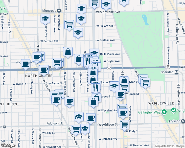 map of restaurants, bars, coffee shops, grocery stores, and more near 1515 West Irving Park Road in Chicago