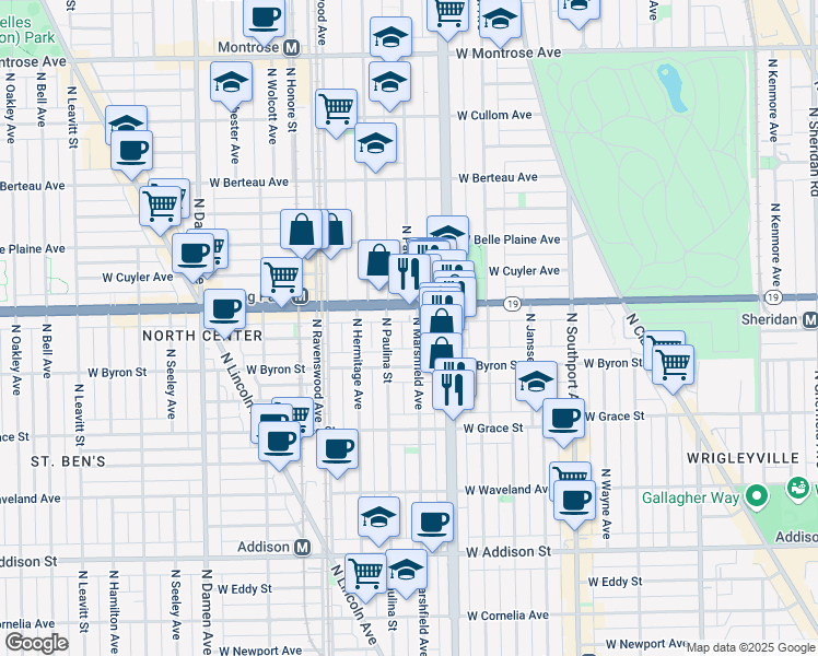 map of restaurants, bars, coffee shops, grocery stores, and more near 3934 North Marshfield Avenue in Chicago