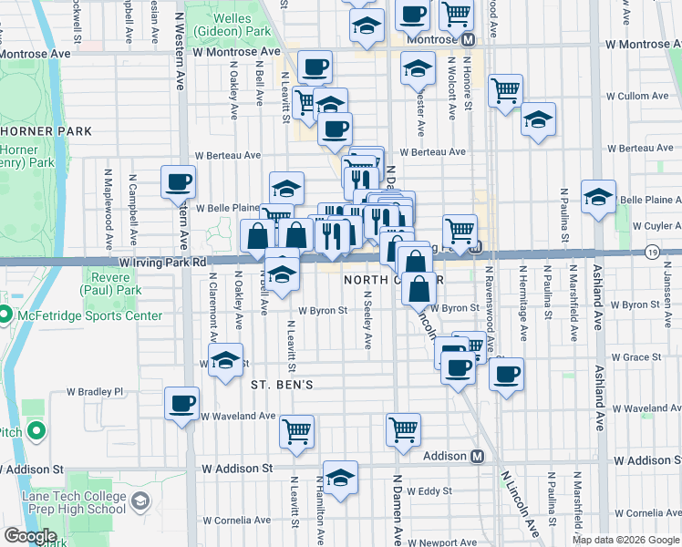 map of restaurants, bars, coffee shops, grocery stores, and more near 3943 North Hoyne Avenue in Chicago